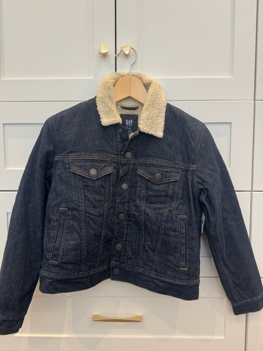 GAP Kids Dark Blue Denim Jacket with Cream Sherpa Collar